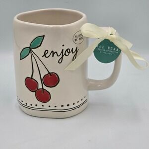 Rae Dunn Cherry "Enjoy" Sentiment White with Red Cherries on a Stem Classic Mug